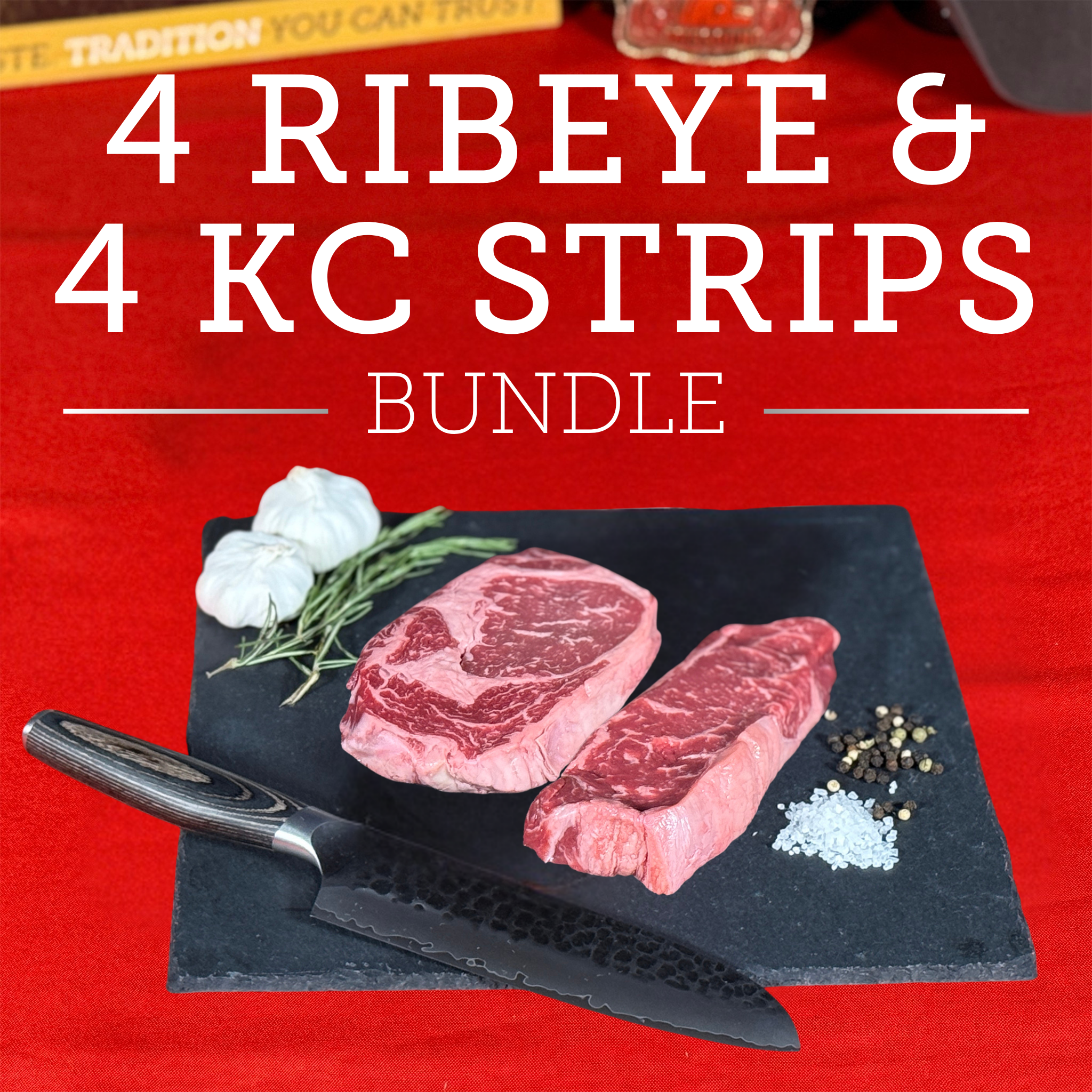 Four (4) Ribeye Steaks & Four (4) KC Strip Steaks - Wet-Aged, USDA Upper Choice/Best Beef Silver