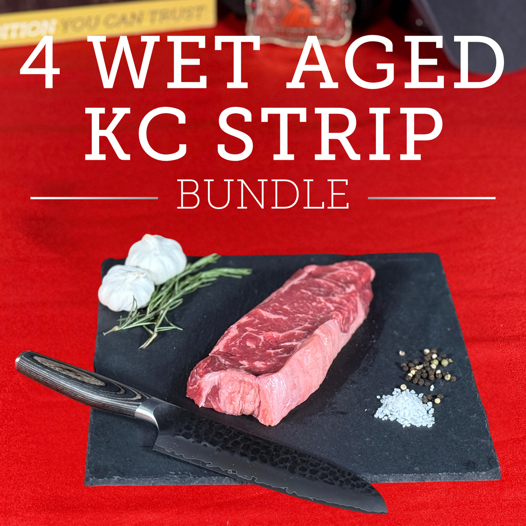 Four (4) 14 oz Boneless Center Cut KC Strip Steak Wet-Aged – USDA Upper Choice/Best Beef Silver