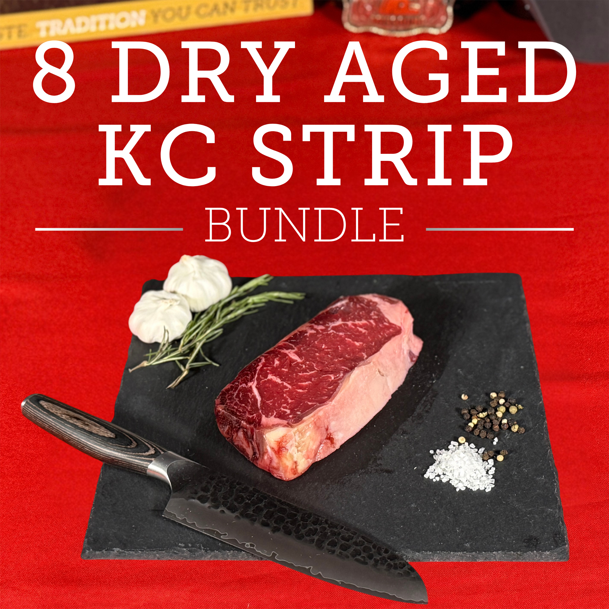 Eight (8) 14 oz Boneless Center Cut KC Strip Steak Dry-Aged – USDA Upper Choice / Best Beef Silver