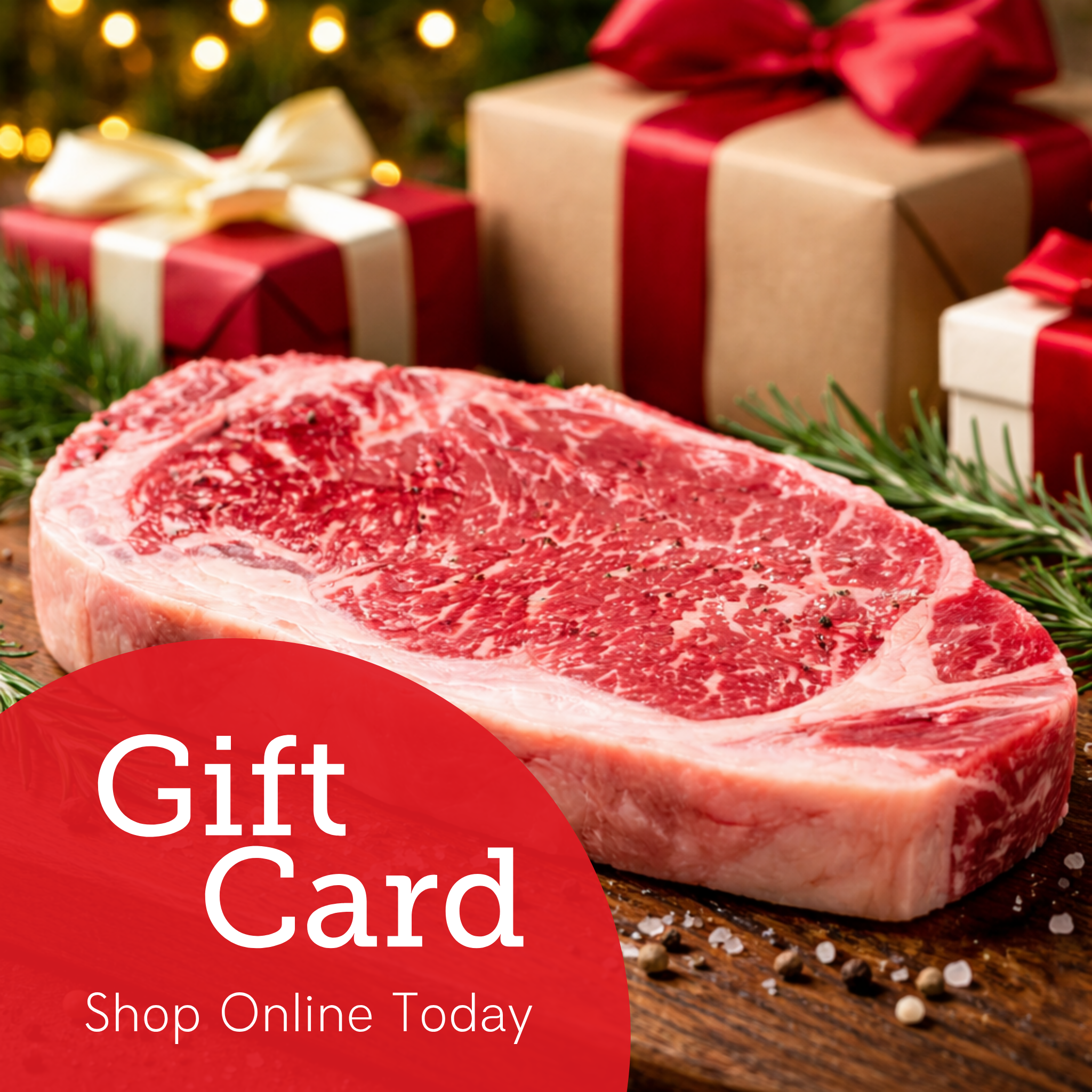 Best Beef Gift Card featuring marbled Black Angus ribeye steak with gift boxes in background, shop premium beef online